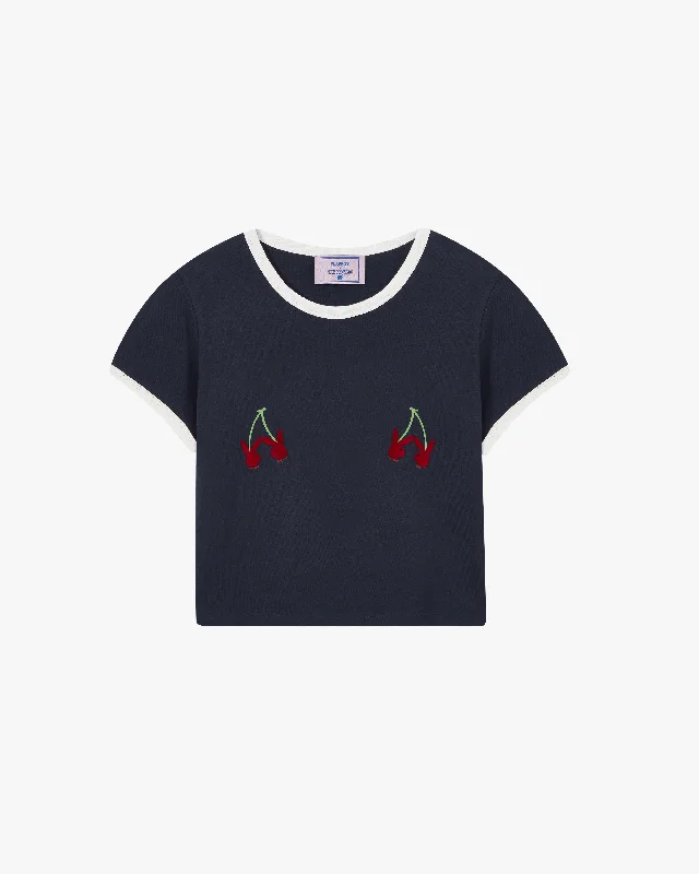 Women's Blouse with Puffed SleevesPLAYBOY CHERRY TOP NAVY