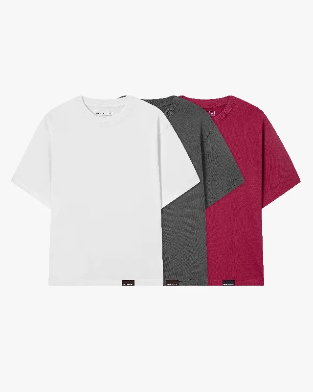 Women's Blouse with PleatsBASIC TEE WHITE/ASH/BURGUNDY 3XPACK