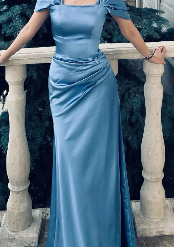 Women's Gathered DressesBlue Off Shoulder Long Evening Dress Party Dress Prom Dress With Slit       S6701