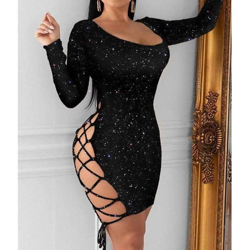 Women's Shirt Collar DressesFashionSierra - Women's Bandage Bodycon Dress Ladies Long Sleeve Backless Evening Party Clubwear Short Mini Female Dress