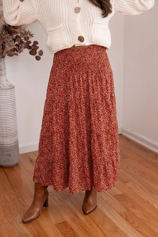 Women's A-Line SkirtsEnchanted Florals Rust Midi Skirt