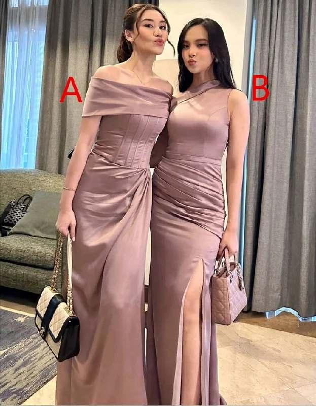 Women's Cold-Shoulder DressesDusty Pink Long Evening Dress Party Dress Bridesmaid dresses With Slit       S6695