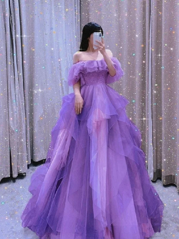 Women's Mandarin Collar DressesPurple Tulle A-Line Off Shoulder Elegant Long Party Dress Evening Dress        S6634