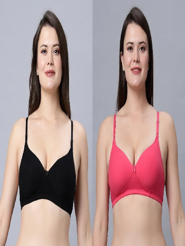 plus-size demi-cup bra with lace overlayMedium coverage padded Everyday T-shirt Carrot and Black Color Bra (Pack of 2)