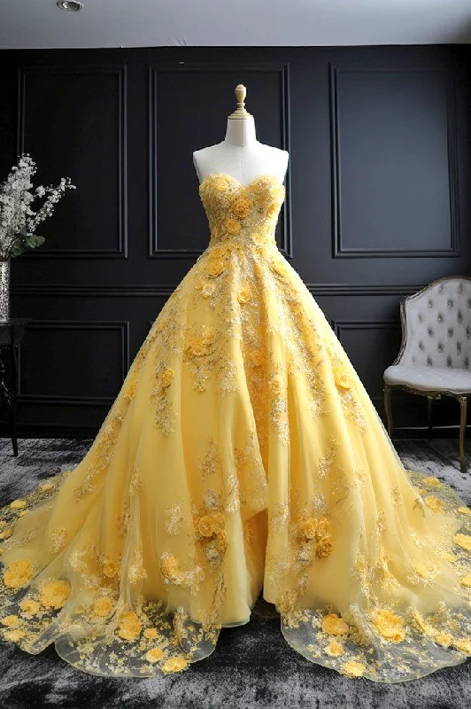 Women's U-Back DressesA-Line Yellow Strapless Wedding Dress Elegant Long Wedding Party Dress     S6613