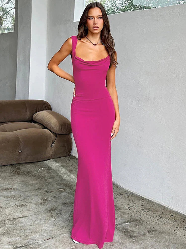 Women's Low Collar DressesLong Slim Bodycon Spaghetti Strap Bow Backless Sexy Spring Summer Maxi Dress