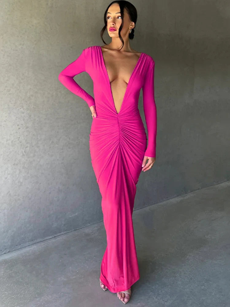 Women's High Collar DressesDeep V Neck Mermaid Slim Bodycon Nightclub Sexy Autumn Winter Long Maxi Dress