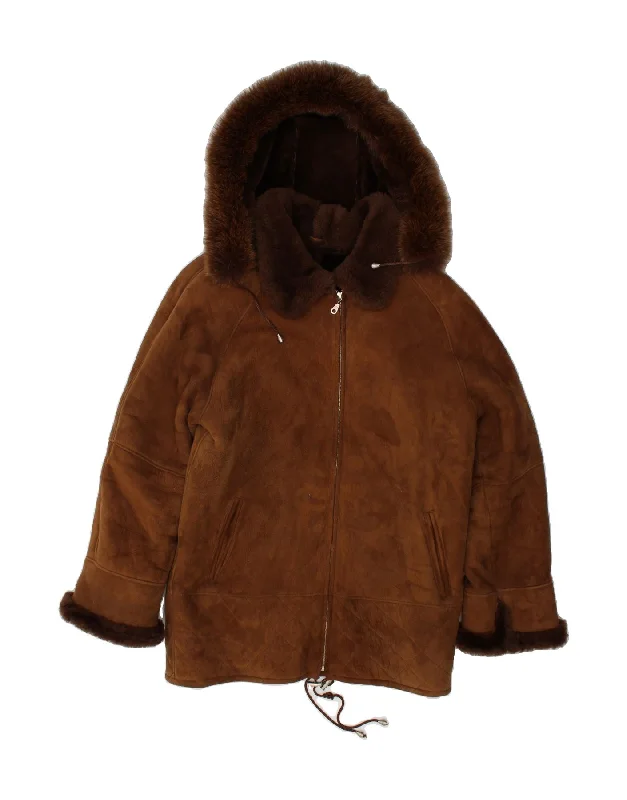 Women's Coats with Fur Trimmed ButtonsREISLER Womens Hooded Shearling Coat UK 16 Large Brown Leather