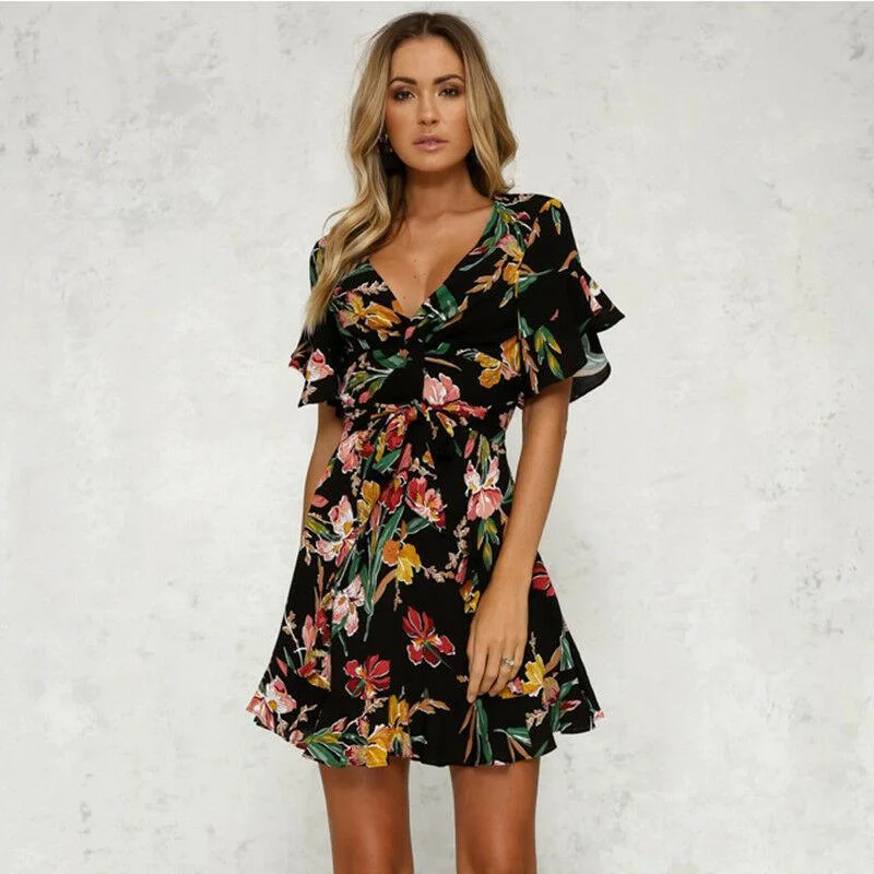 Women's High Collar DressesFashionSierra - Women Short Sleeve Wrap Boho Floral Mini Dress Ladies Summer Party Beach Casual V-Neck Short Sundress Holiday