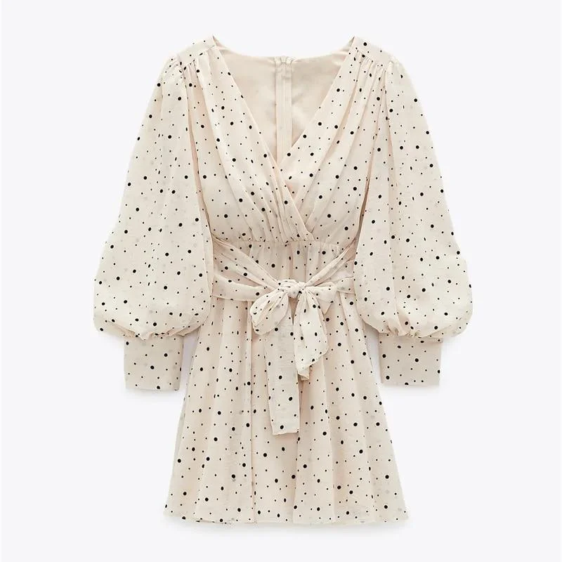 Women's Low Collar DressesFashionSierra - Za Dress Woman Polka Dot Mini Dress Long sleeve V-neckline Zip fastening White Women's Dresses for Summer