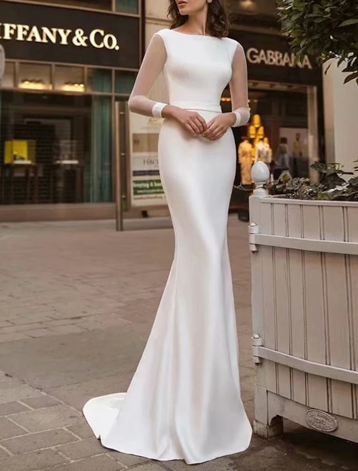 Women's Fit and Flare DressesReception Royal Style Casual Wedding Dresses Mermaid / Trumpet Scoop Neck Long Sleeve Sweep / Brush Train Satin Bridal Gowns With Solid Color Summer Fall Wedding Party