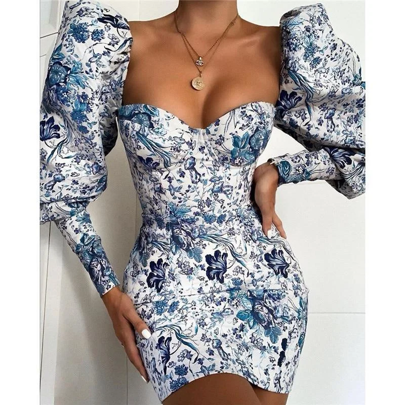 Women's Long-Sleeve DressesFashionSierra - Pull sleeve floral prnt bodycon dress women Slim fit strapless  party dress Autumn Elegant womens dresses mini vestidos