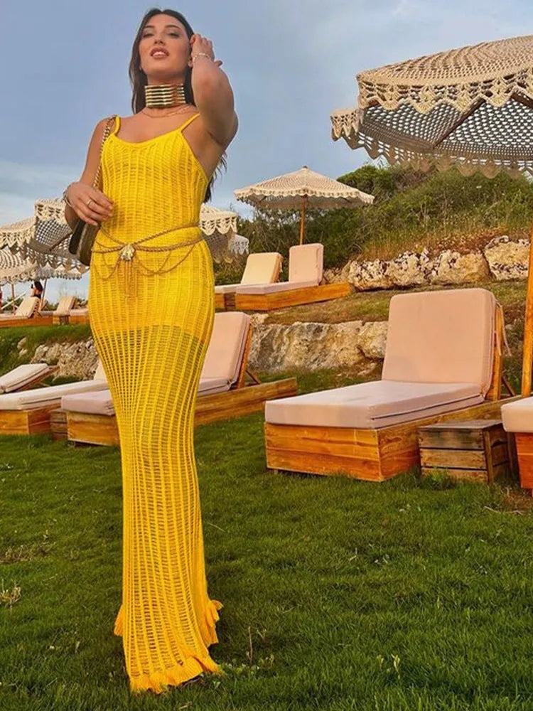 Women's V-Shaped-Neck DressesFashion Half See Through Yellow V-Neck Sleeveless Backless Slim Elegant Beach Maxi Dress