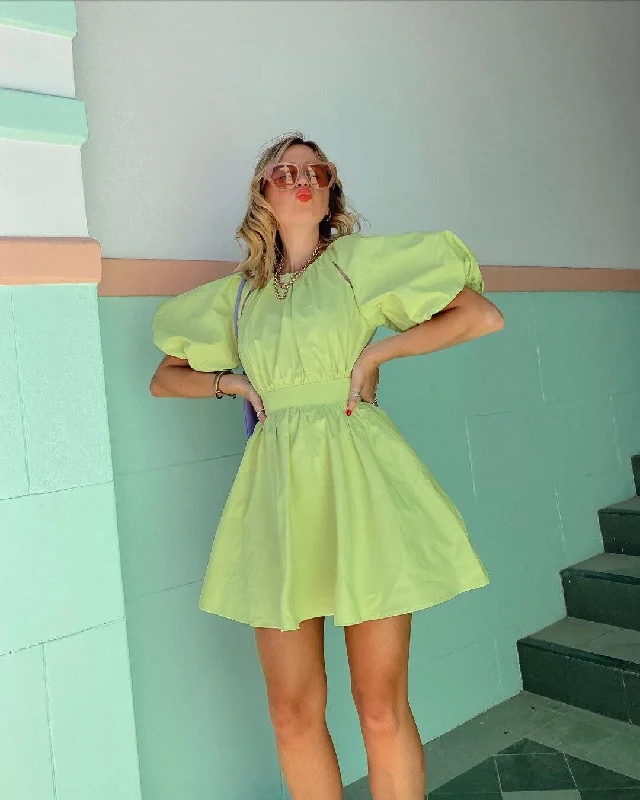 Women's Midi DressesFashionSierra - Summer Dress Green Solid Color Round Neck Puff Sleeve Mini Dress