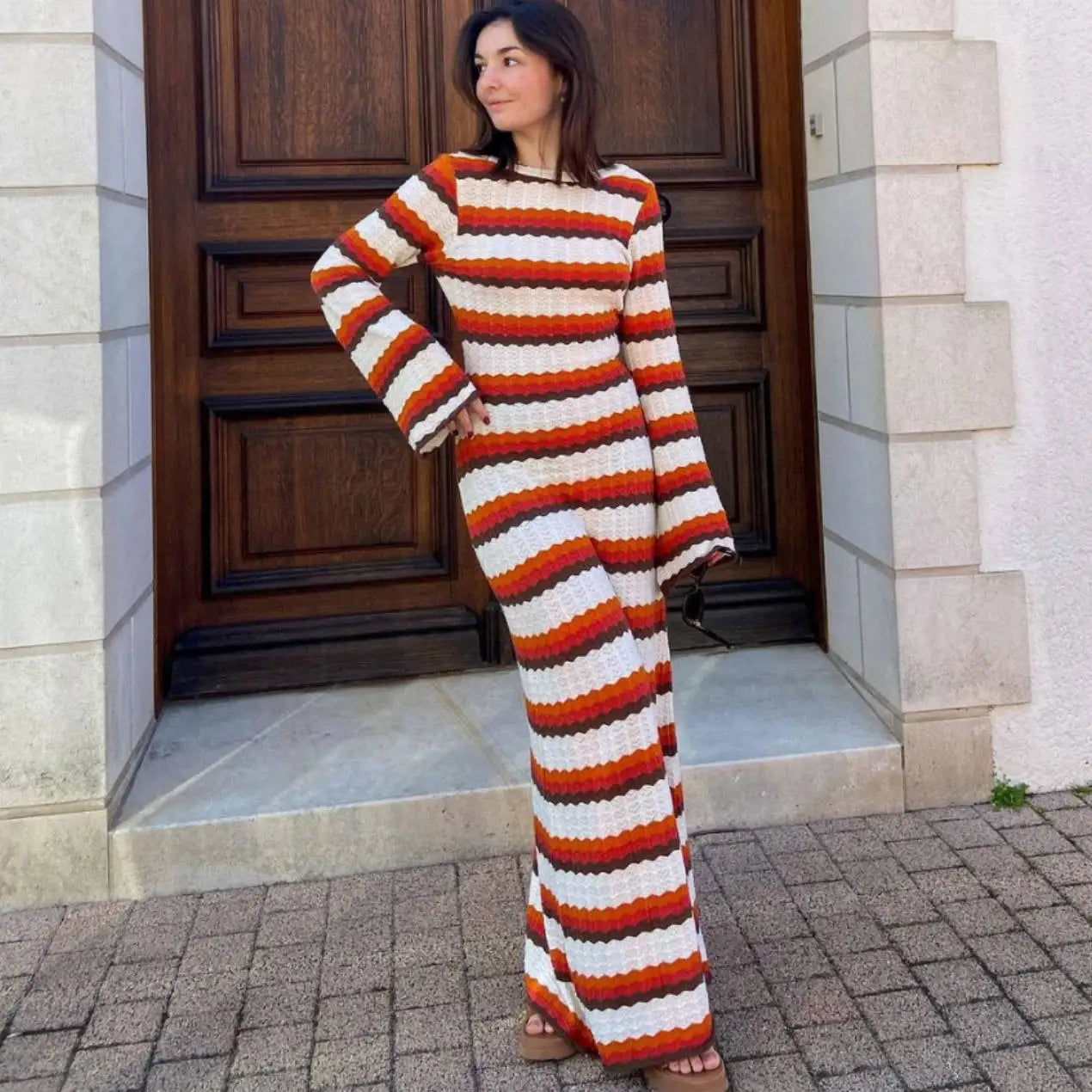 Women's High Collar DressesFashion Striped Knitted Beach Long Sleeve Backless Loose Casual Holiday Vacation Summer Maxi Dress