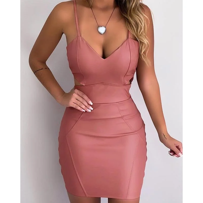 Women's Collarless DressesFashionSierra - Spaghetti strap pu leather dress Women Cutout bodycon party dress Sexy slim fit mini club wear Summer color pink vestidos