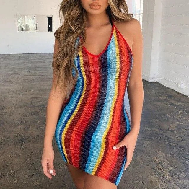 Women's Shirt Collar DressesFashionSierra - Women Summer Clothes Sexy Halter Backless Sleeveless Colorful Stripe Bodycon Tunic Mini Dress Elegant Party Club Wrap Dresses