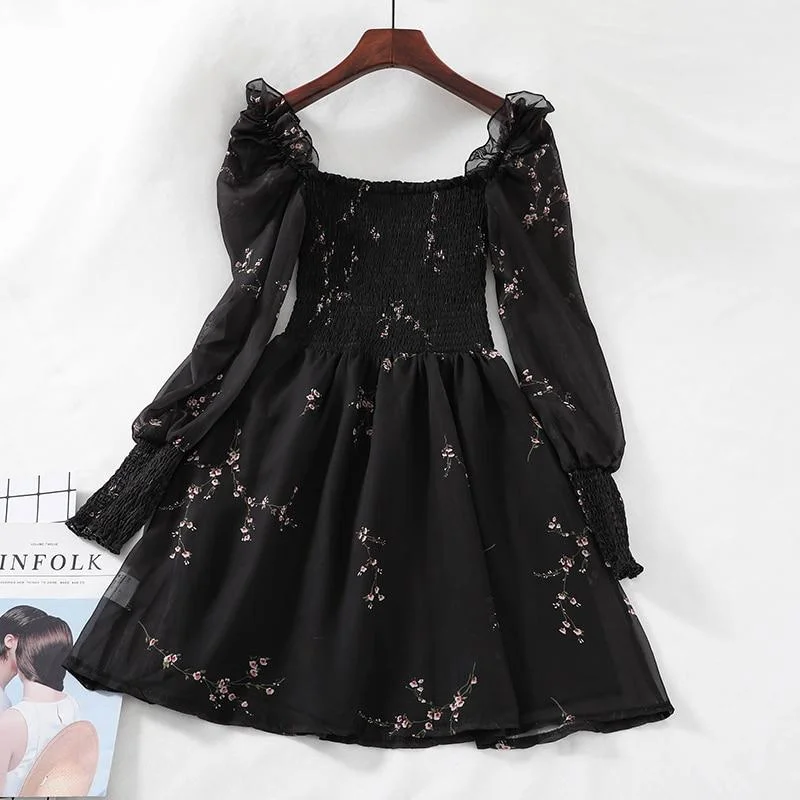 Women's Keyhole Collar DressesFashionSierra - Black Mini Dresses  Vintage Flower Long Puff Sleeve Chiffon Dresses