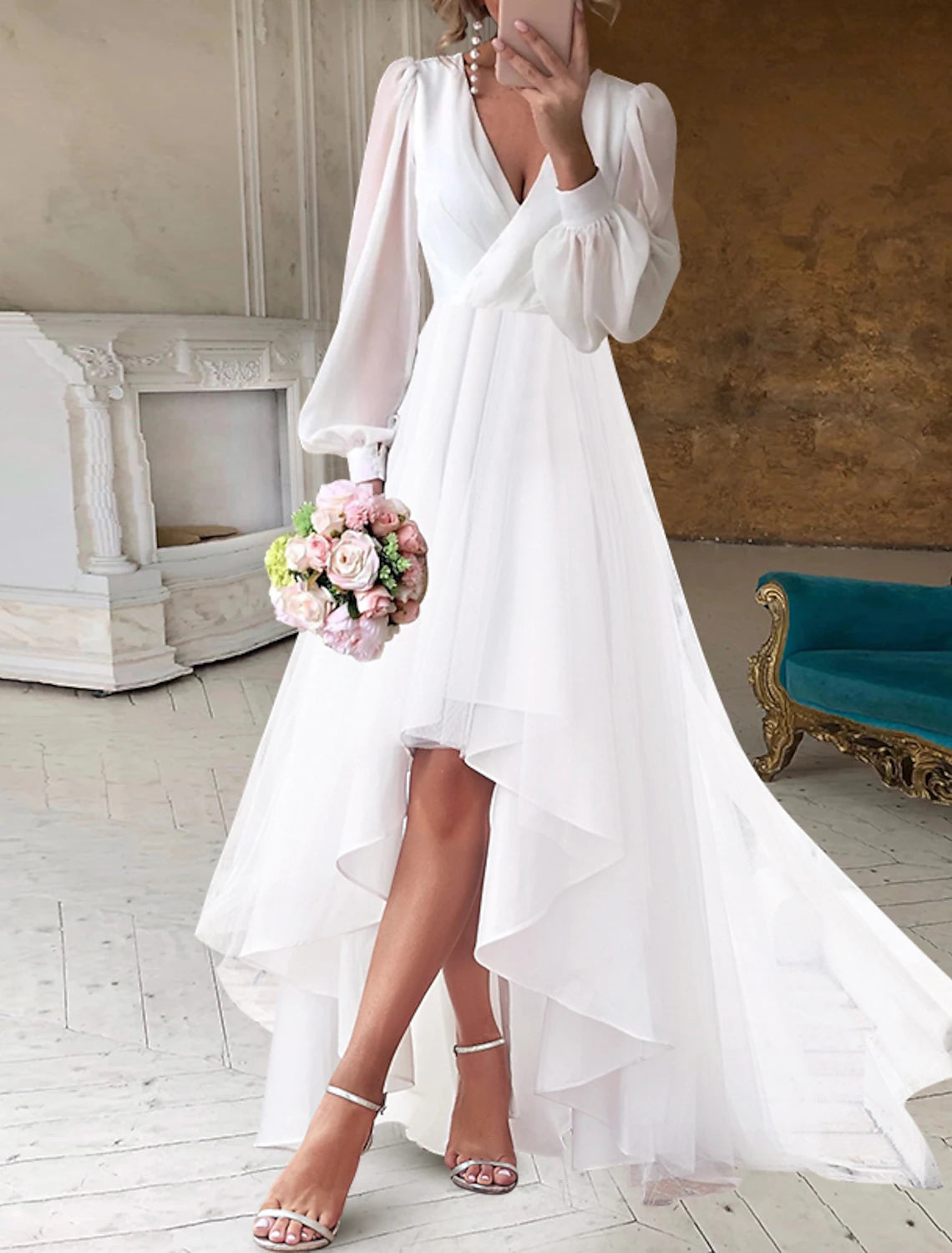 Women's Sweetheart Collar DressesBridal Shower Fall Wedding Dresses Little White Dresses Casual A-Line V Neck Long Sleeve Asymmetrical Chiffon Bridal Gowns With Solid Color Summer Wedding Party