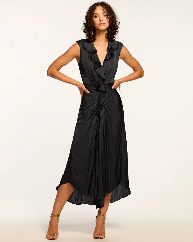 Women's Boat Collar DressesOlive Ruffle V-Neck Midi Dress