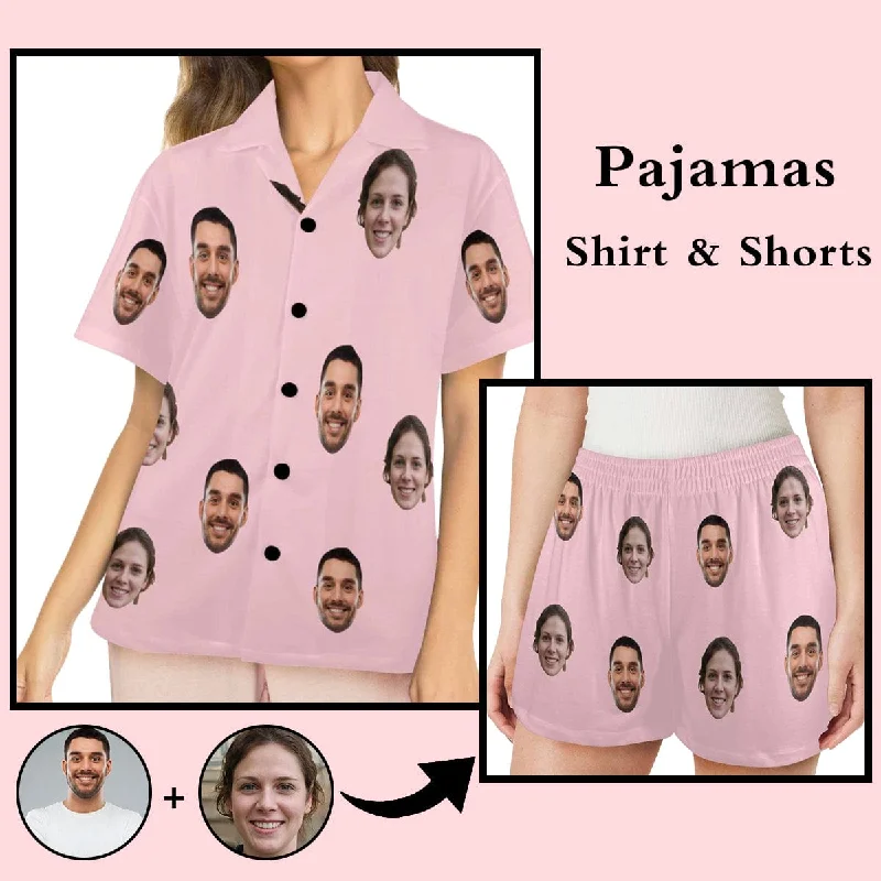 women's pajamas for those who appreciate soft, breathable fabricsCustom Face Pink Women's V-Neck Short Sleeve Pajama Tops Bottoms Personalized Pajamas Loungewear