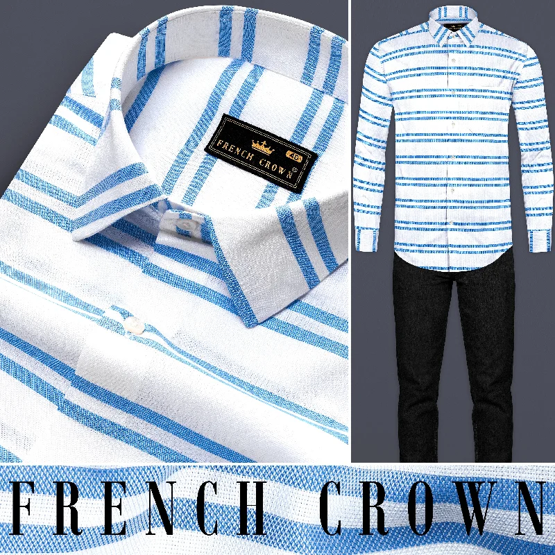 Women's Blouse with Mandarin CollarBright White with Pale Cornflower Blue Striped Dobby Textured Premium Giza Cotton Shirt