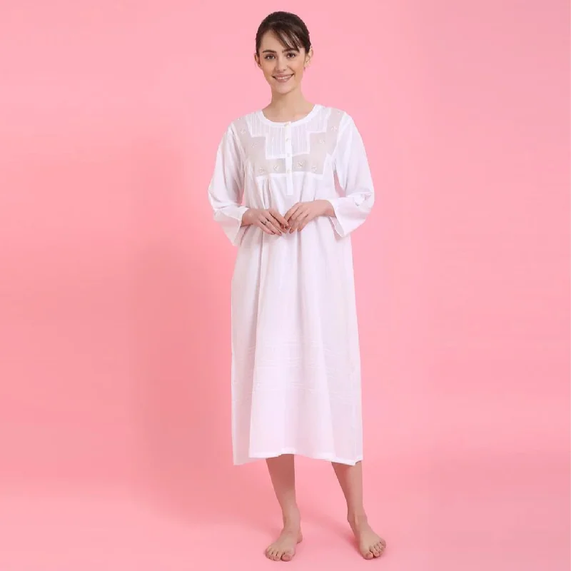 women's striped pajama setsBee Embroidered Long Sleeve 100% Woven Cotton Gown