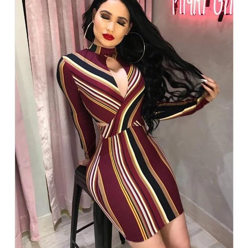 Women's Boat-Neck DressesFashionSierra - Women Stripe O-Neck Long Sleeve Bodycon Evening Party Backless Sexy Short Mini Dress Mix Color Striped Dress