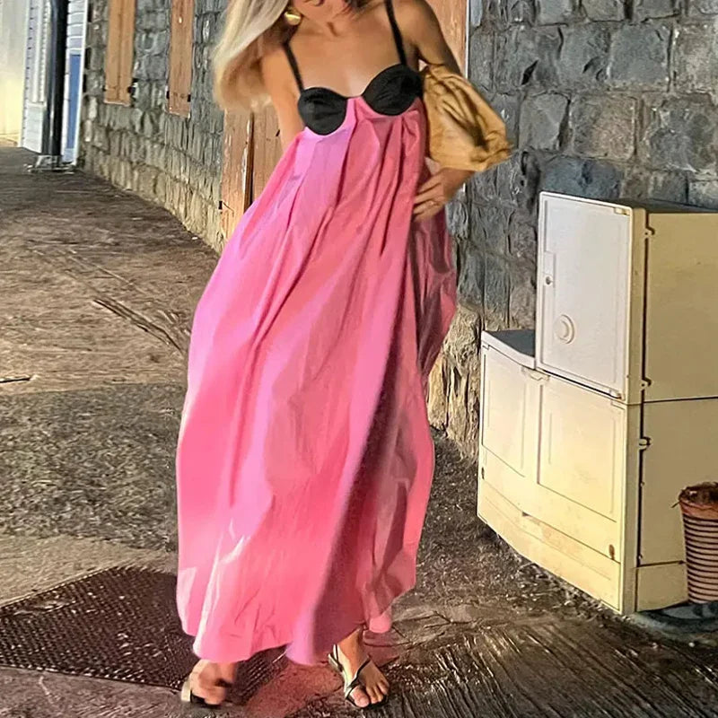 Women's Gathered DressesBackless Pink Sleeveless Loose Slip Panelled Bandage Maxi Dress