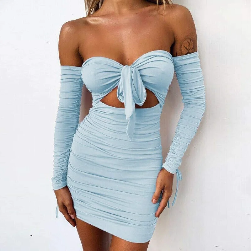 Women's Round-Neck DressesFashionSierra - Women Bodycon Dress Off Shoulder Long Sleeve Hollow Out Solid Clubwear Party Ladies Casual Slim Mini Dress