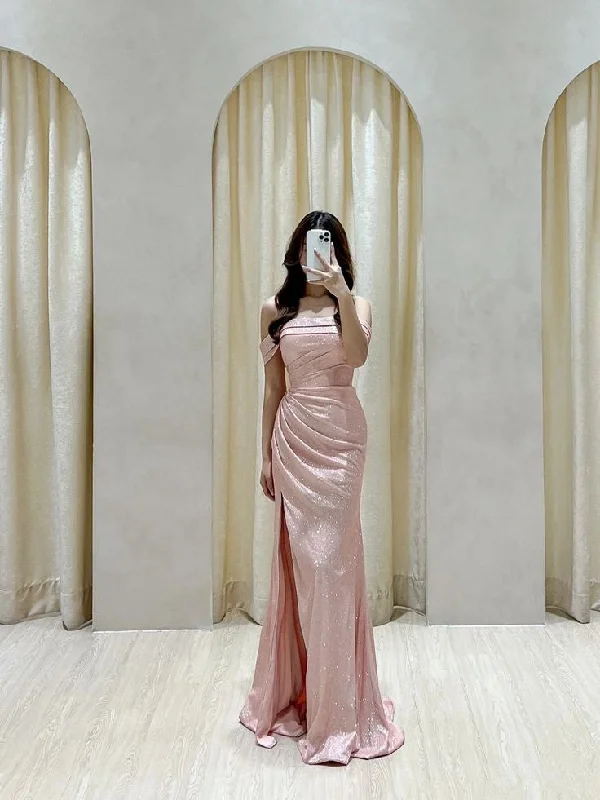 Women's U-Back DressesPink Off Shoulder Long Evening Dress Party Dress Prom Dress        S6692