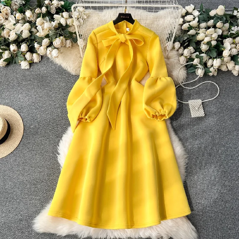 Women's Off-Shoulder Dressesparty dress women's fashion bow tie lantern long-sleeved dress    S4493