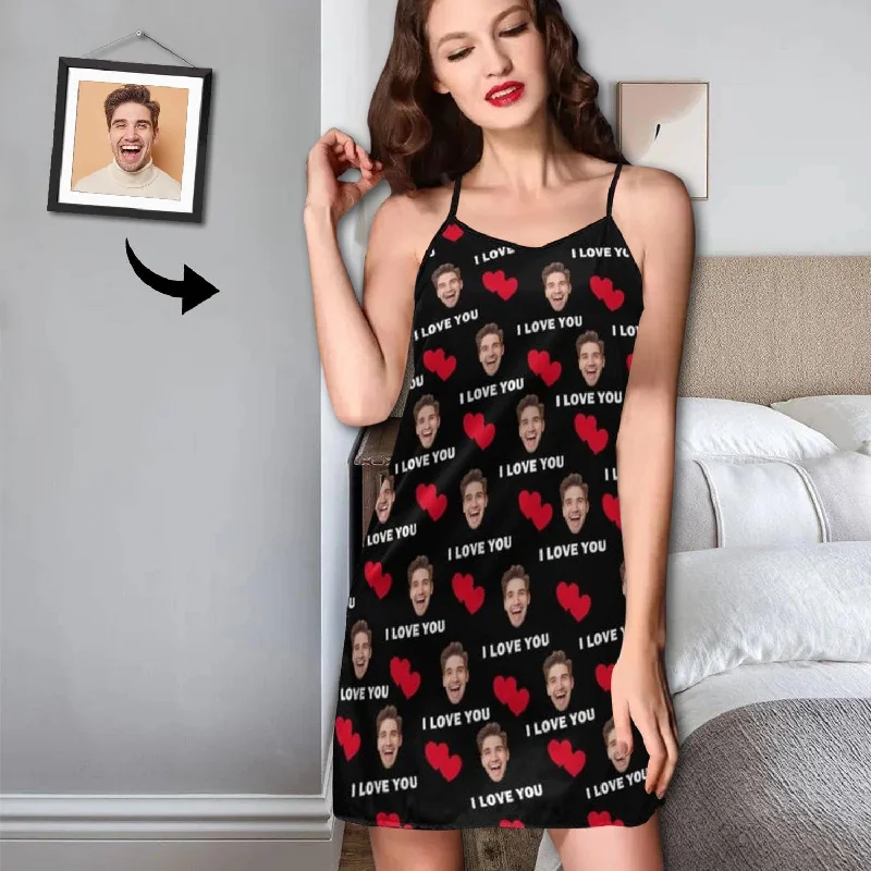 women's pajamas with breathable fabricCustom Face Pajama Dress Red Heart Personalized Nightshirt with Photo On Them for Women