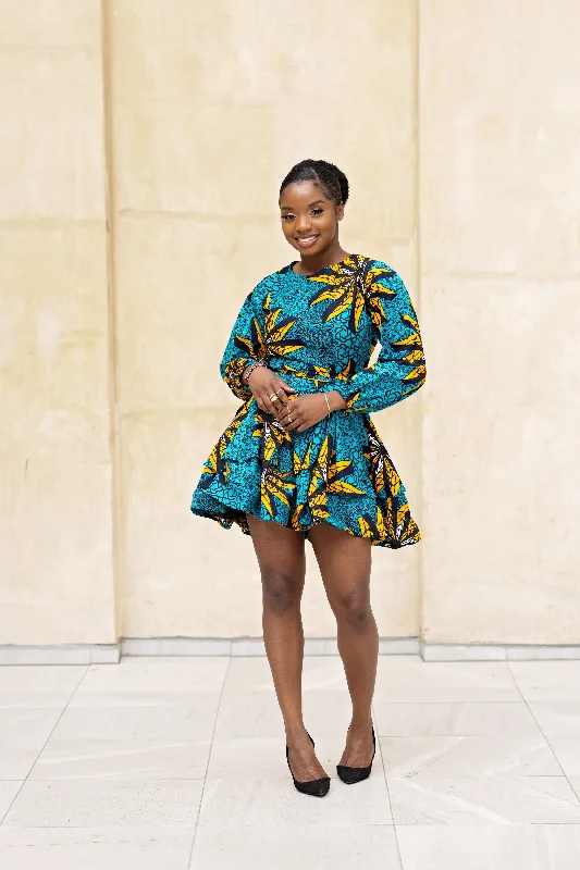 Women's Notched Collar DressesAnita Ankara Mini Dress | Teal and Yellow African Print