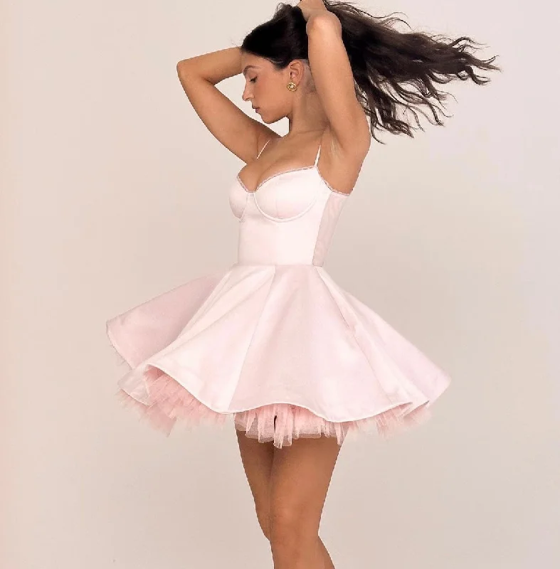 Women's Asymmetrical DressesSatin Tulle Frill Charming Strap Mini Dress