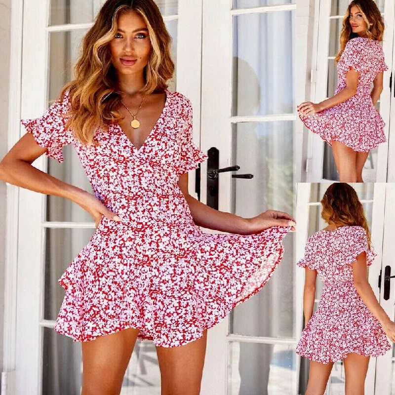 Women's Lapel Collar DressesFashionSierra - Women Short Sleeve V-Neck Wrap Boho Floral Mini Dress Fashion Ladies High Waist Holiday Summer Beach Sundress