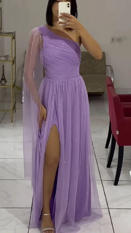 Women's Square Collar DressesOne Shoulder Lilac Long Party Dress Evening Gown With Slit       S6731