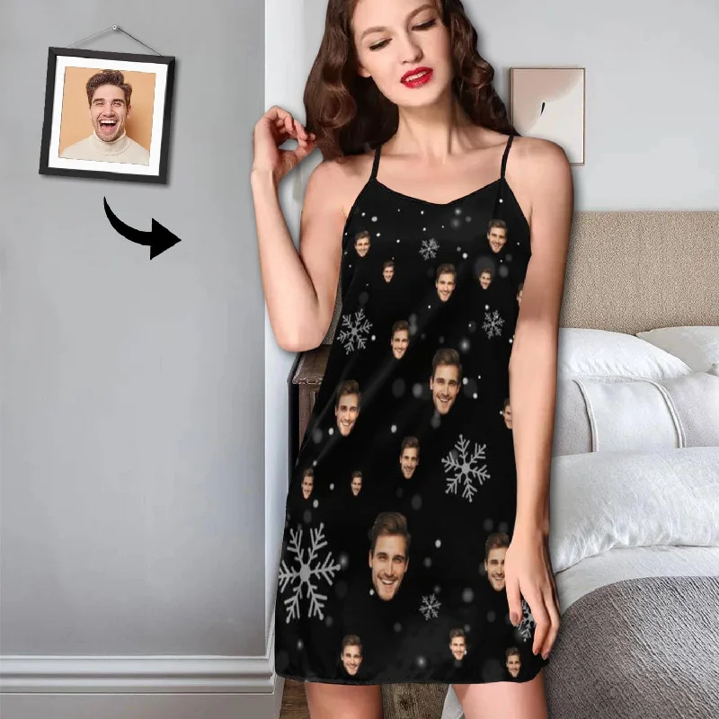 women's pajamas featuring animal printsCustom Face Pajama Dress Snowflake Black Personalized Nightshirt with Photo On Them for Women