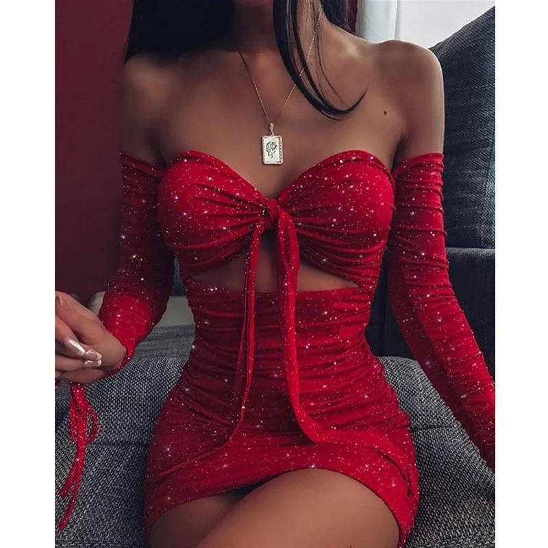 Women's U-Back DressesFashionSierra - Women Off Shoulder Glitter Dress Long Sleeve Solid Sexy Party Strapless Mini Dresses Bust Tied Bodycon Ruched Dresses Vestidos