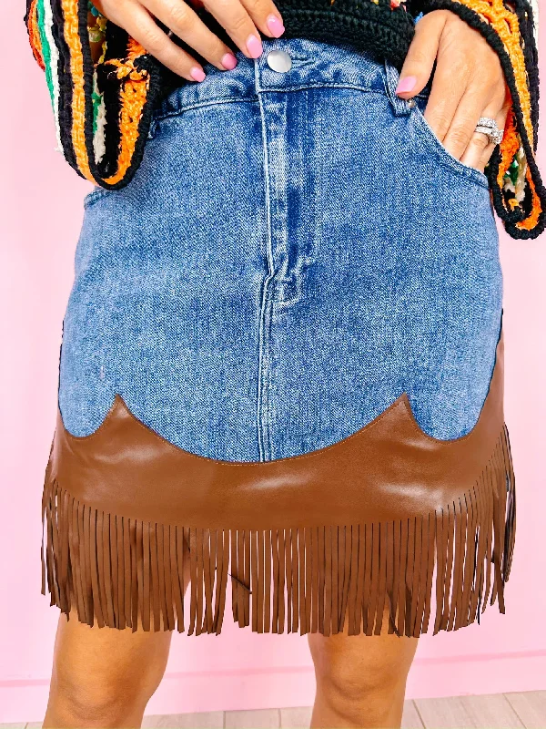 Women's Fall SkirtsRODEO GIRL LEATHER FRINGE DENIM SKIRT