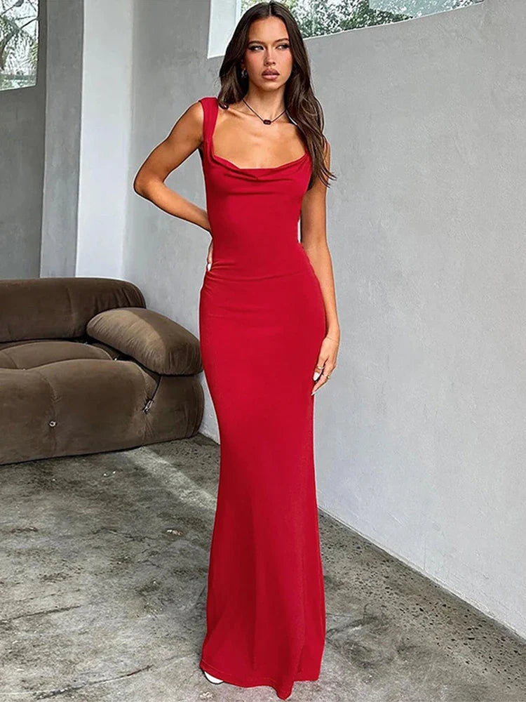 Women's Narrow-Neck DressesBow Long Slim Bodycon Spaghetti Strap Backless Sexy Spring Summer Maxi Dress