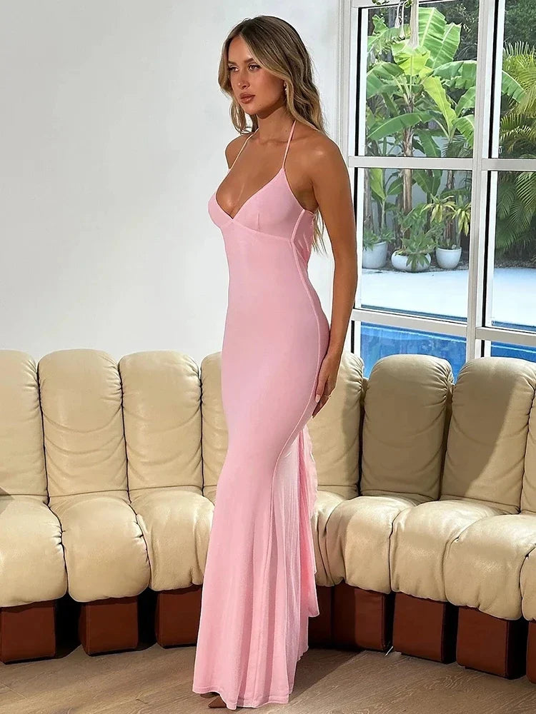 Women's Narrow Collar DressesMermaid Bodycon Elegant Long Halter Backless Nightclub Sexy Summer Maxi Dress