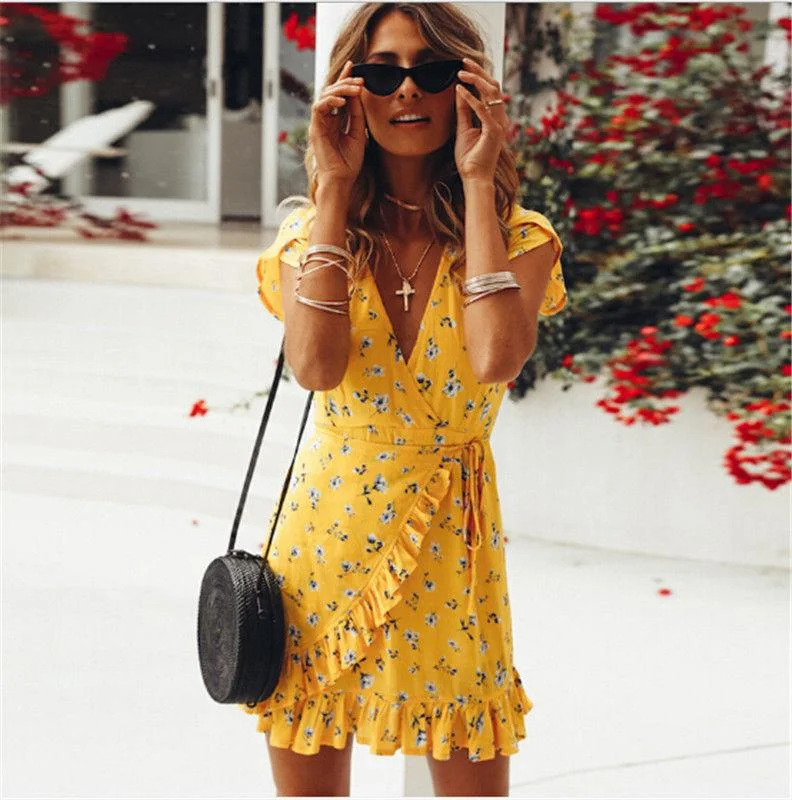 Women's V-Shaped Collar DressesFashionSierra - Women Short Sleeve Wrap Boho Floral Mini Dress