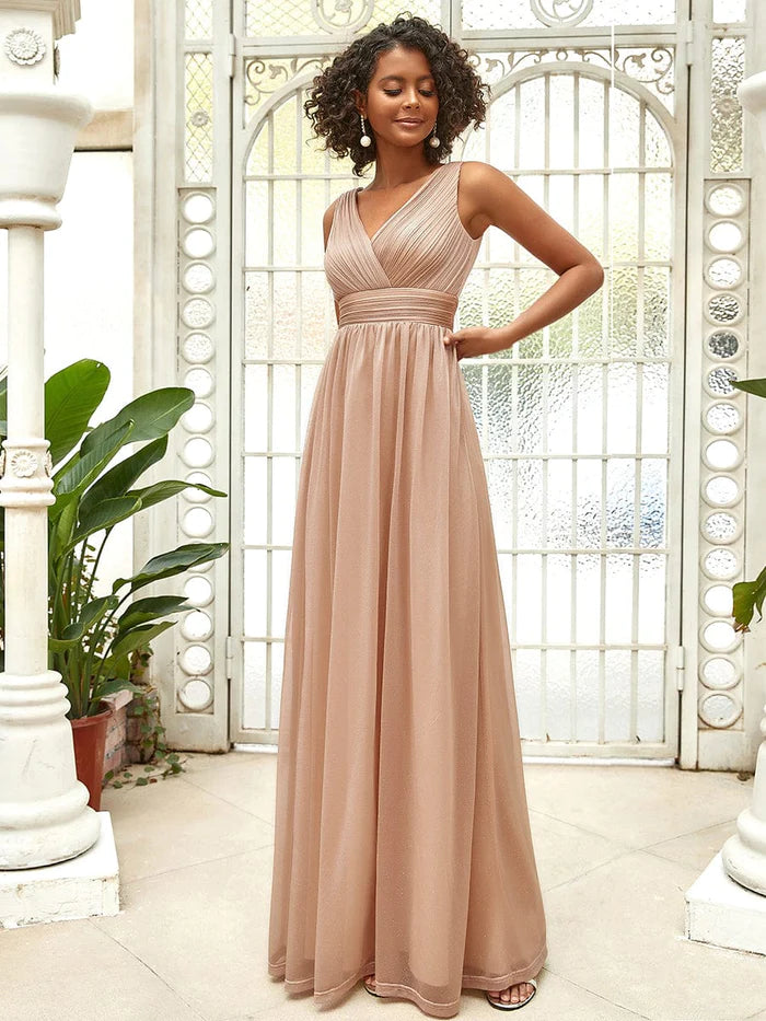 Women's Rounded-Neck DressesMaxi Double V Neck Floor Length Sparkly Wedding Guest Dress