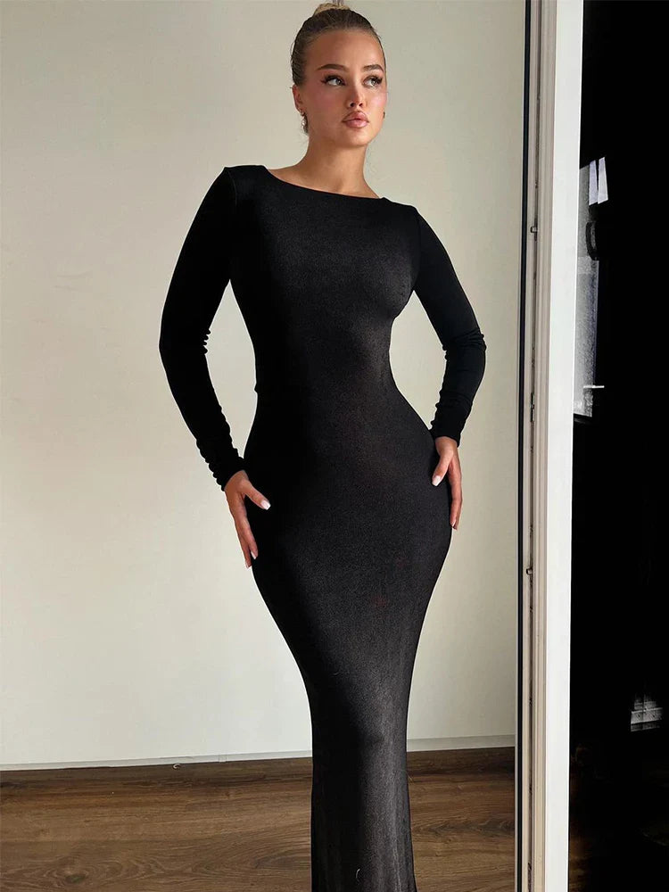 Women's Low Collar DressesLong Slim Bodycon Temperament Backless Nightclub Sexy Autumn Winter Maxi Dress