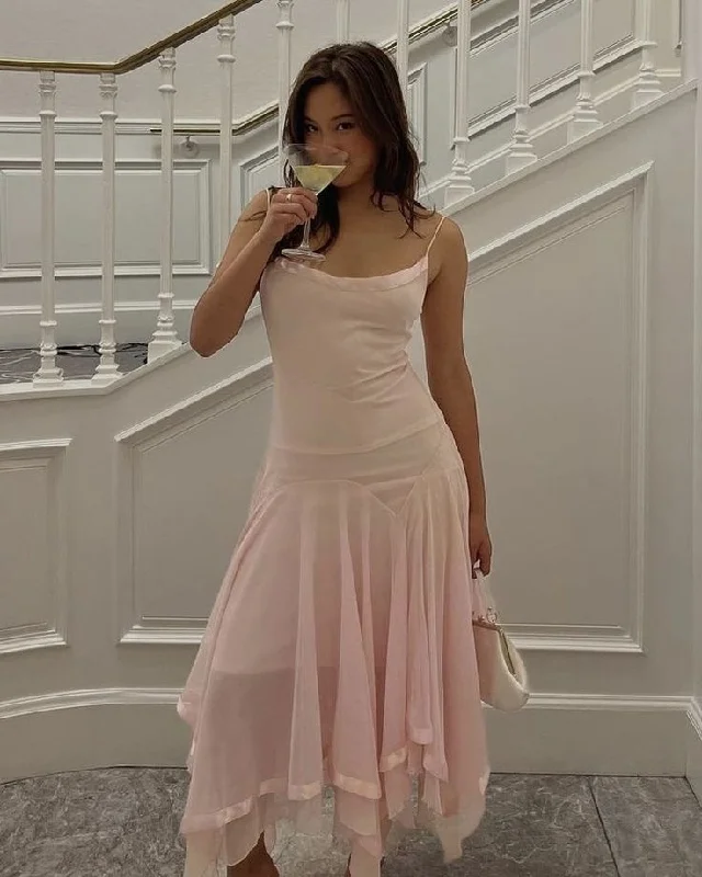 Women's Round-Neck DressesVintage Pink Prom Dresses Irregular hem Party Dress       S6706