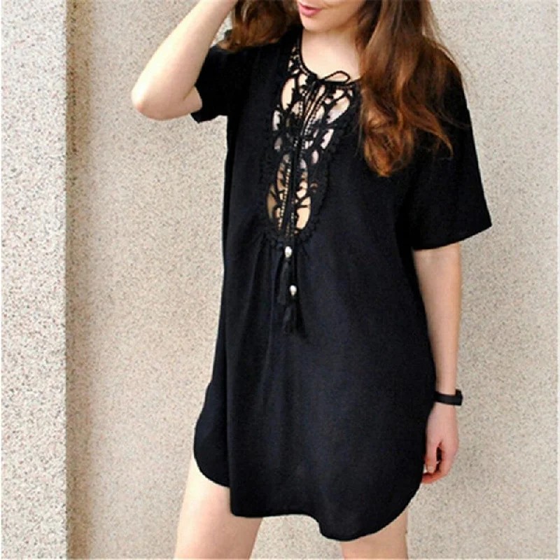 Women's Keyhole Collar DressesFashionSierra - Women Short Sleeve Loose Mini Dress Ladies Summer Shirt Solid Casual V-Neck Holiday Beach Dress Sundress