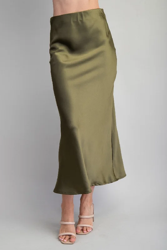 Women's Elastic Waist SkirtsGlow Satin Skirt - Olive