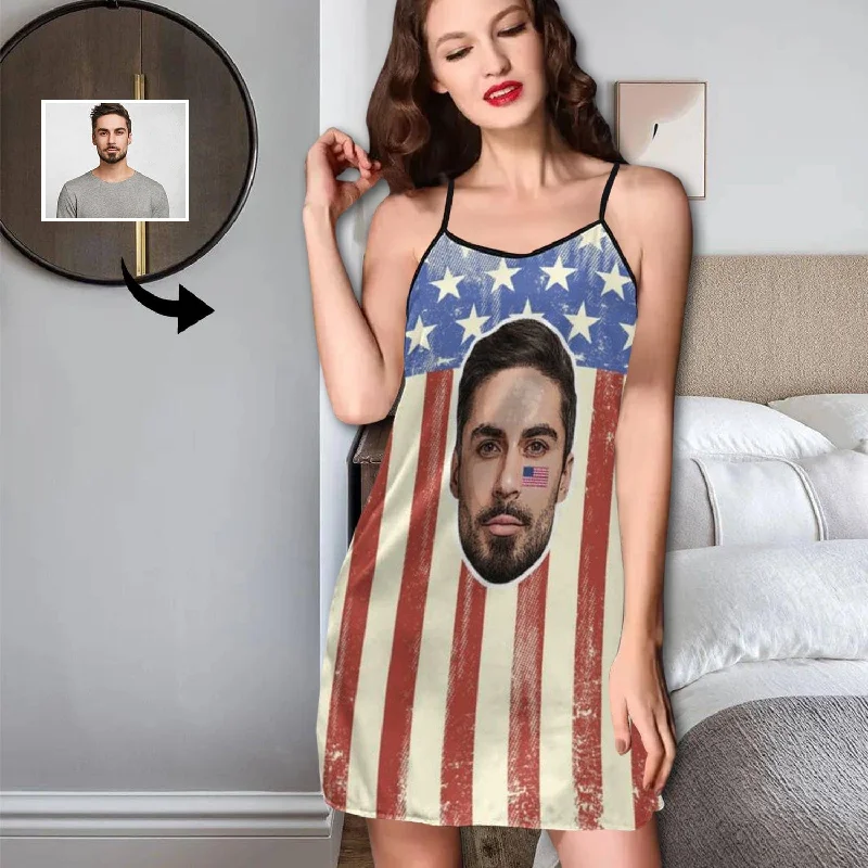 women's pajamas with hidden pocketsCustom Face Pajama Dress US Flag Personalized Nightshirt with Photo On Them for Women