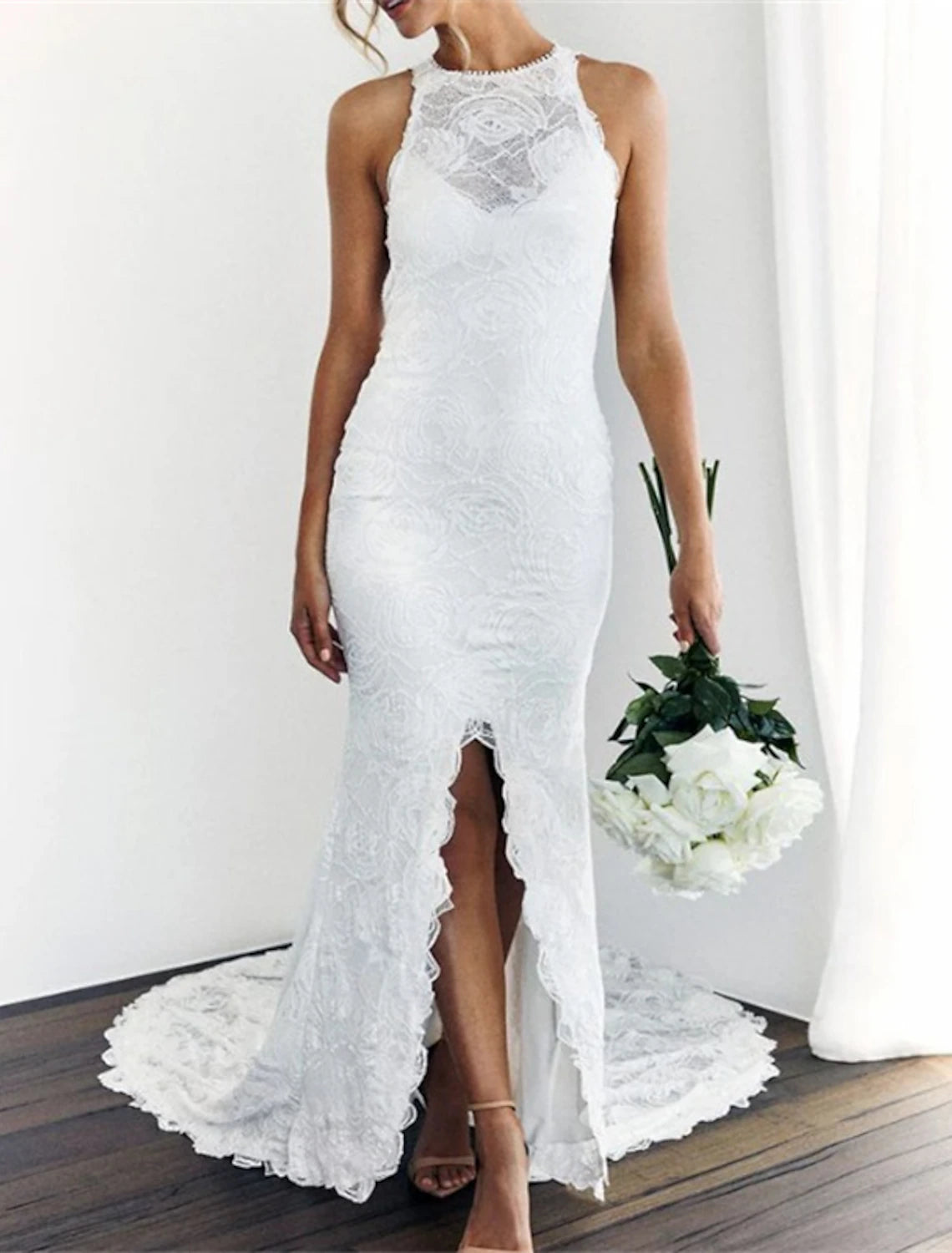 Women's Shawl Collar DressesBeach Open Back Boho Wedding Dresses Mermaid / Trumpet Halter Sleeveless Chapel Train Lace Bridal Gowns With Appliques Solid Color Summer Fall Wedding Party